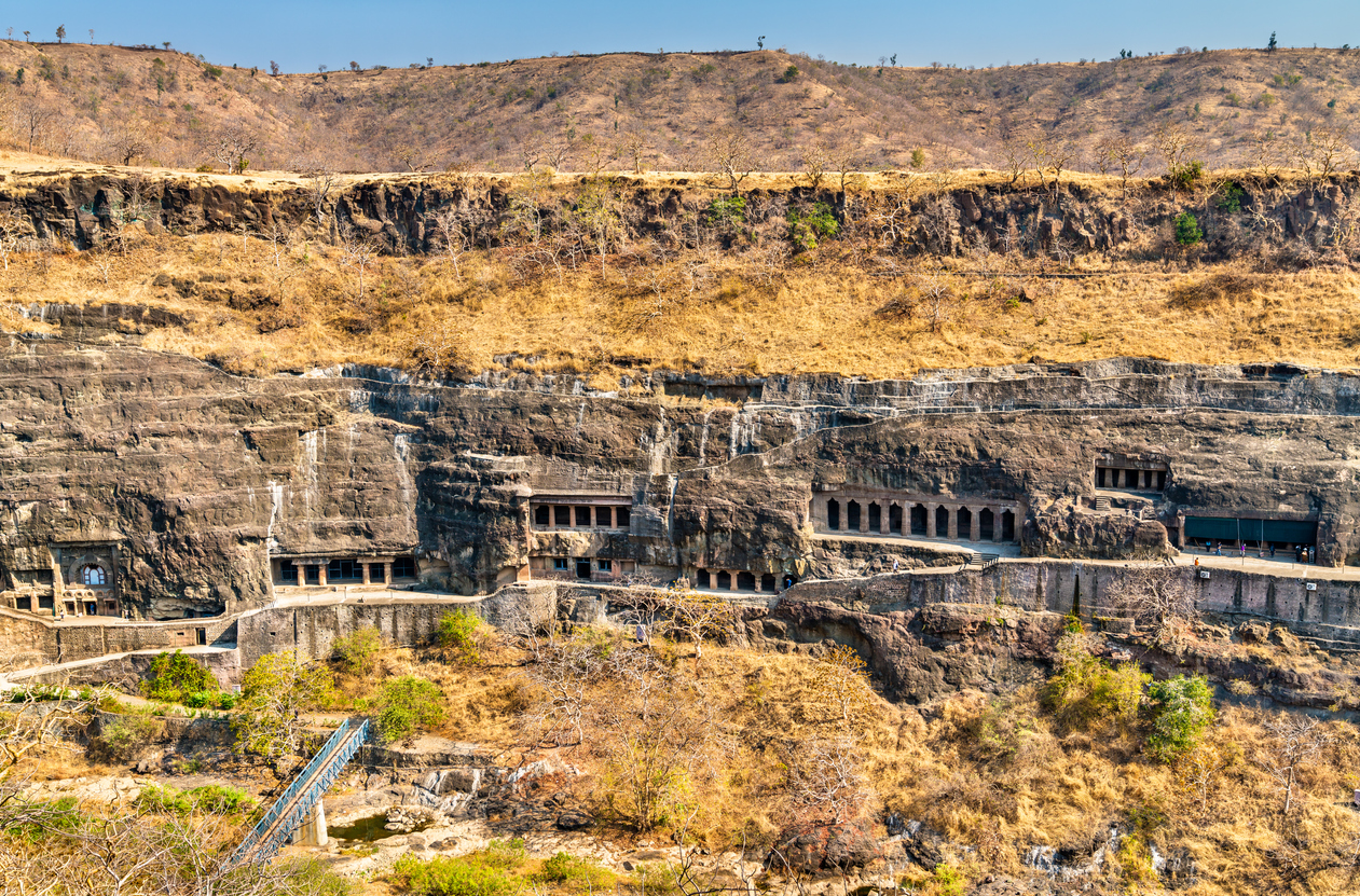 Panorama of the Ajanta Caves. UNESCO world heritage site in Maharashtra, India