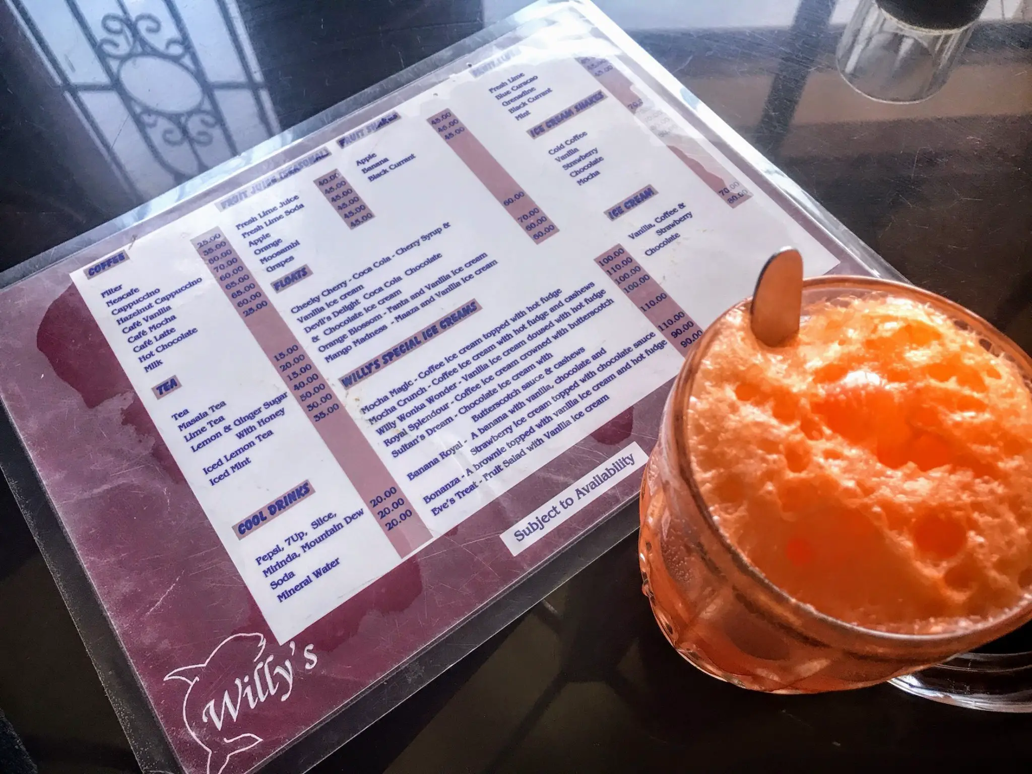 Willy's Coffee Bar Menu and orange float, Ooty