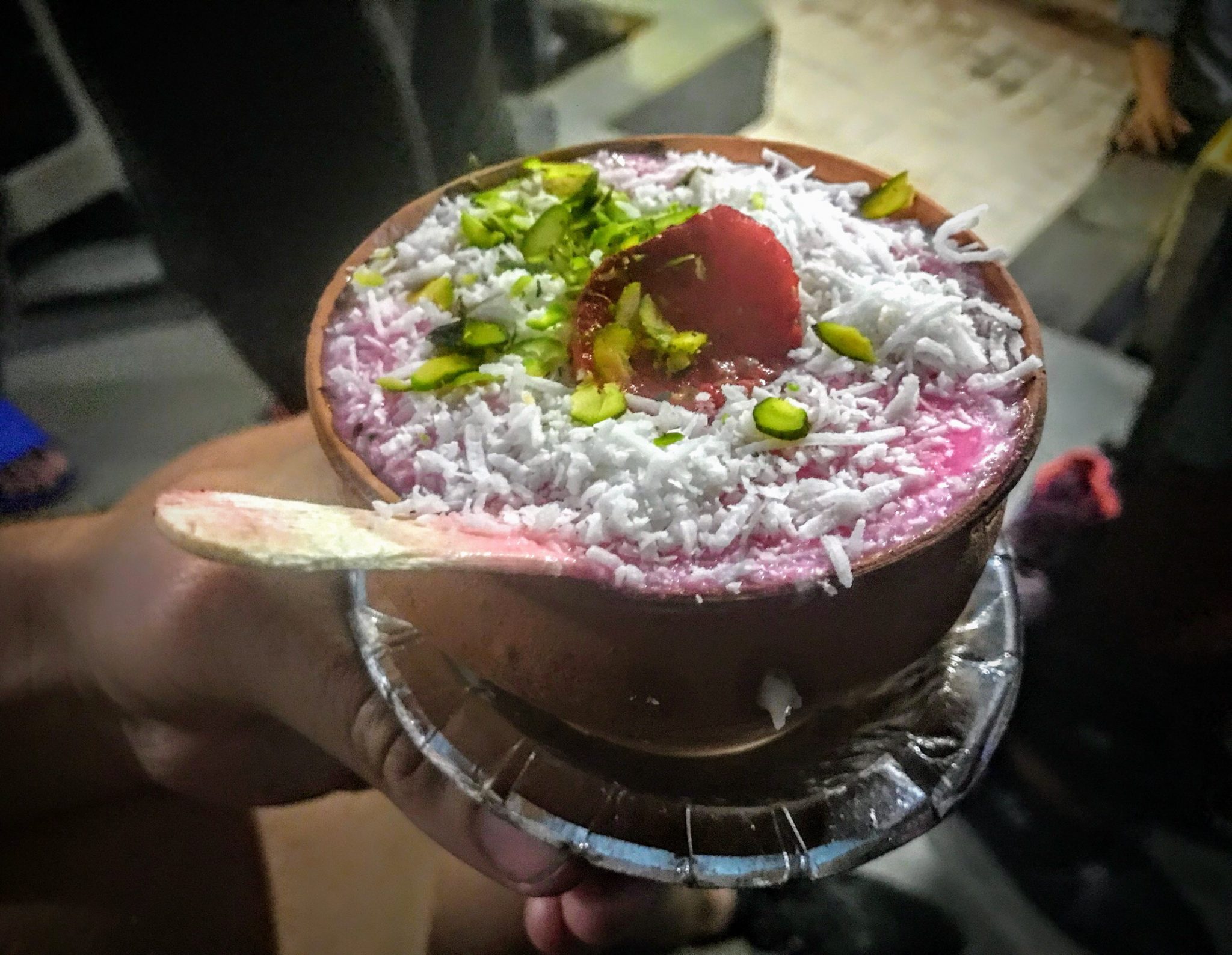 Strawberry and coconut lassi at the Blue Lassi shop in Varanasi