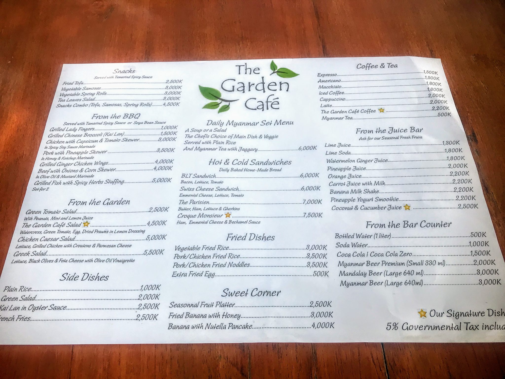 The Garden Cafe Menu, Mingun, Myanmar