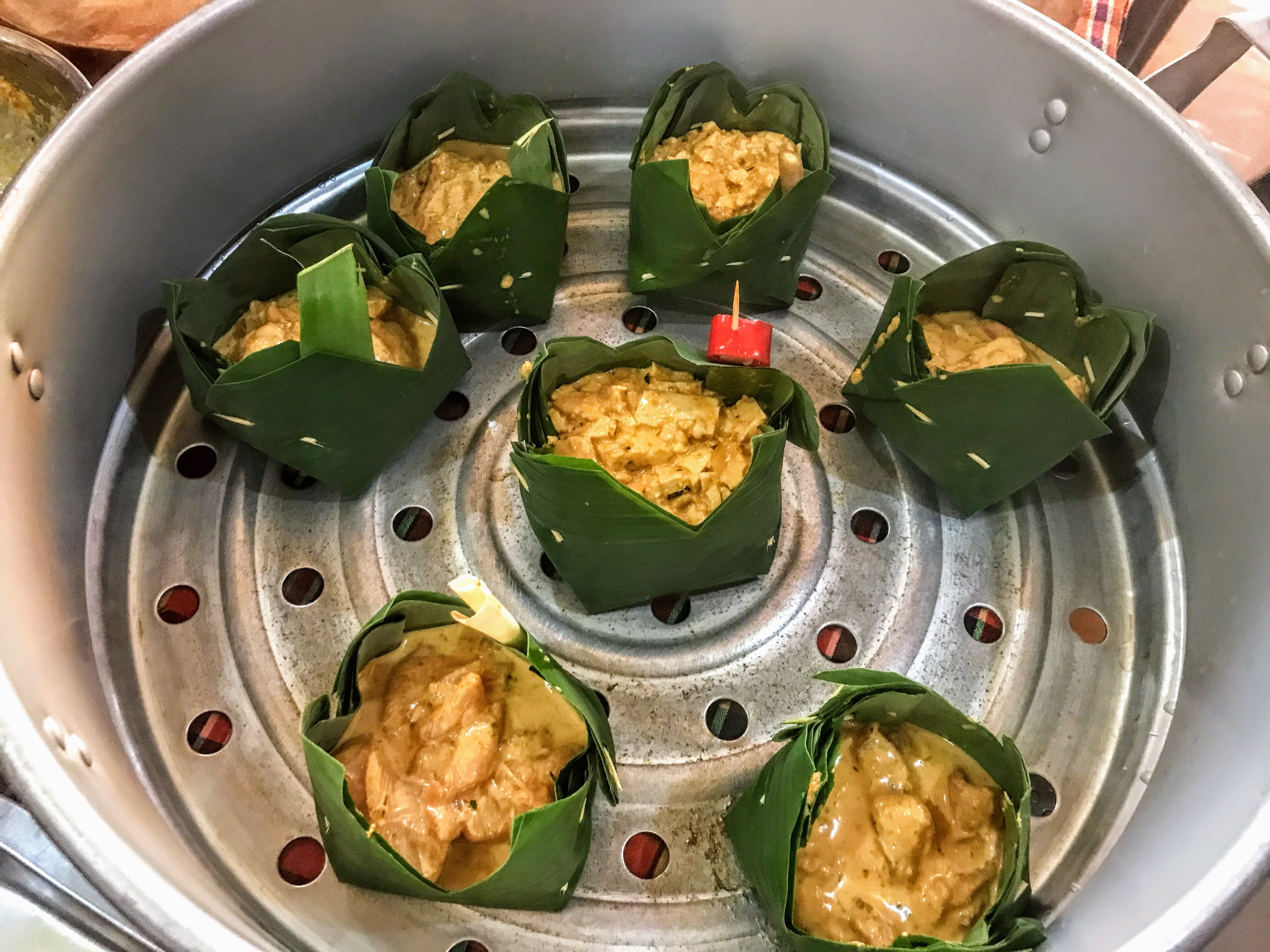 Tofu amok in the steamer, Battambang, Cambodia 