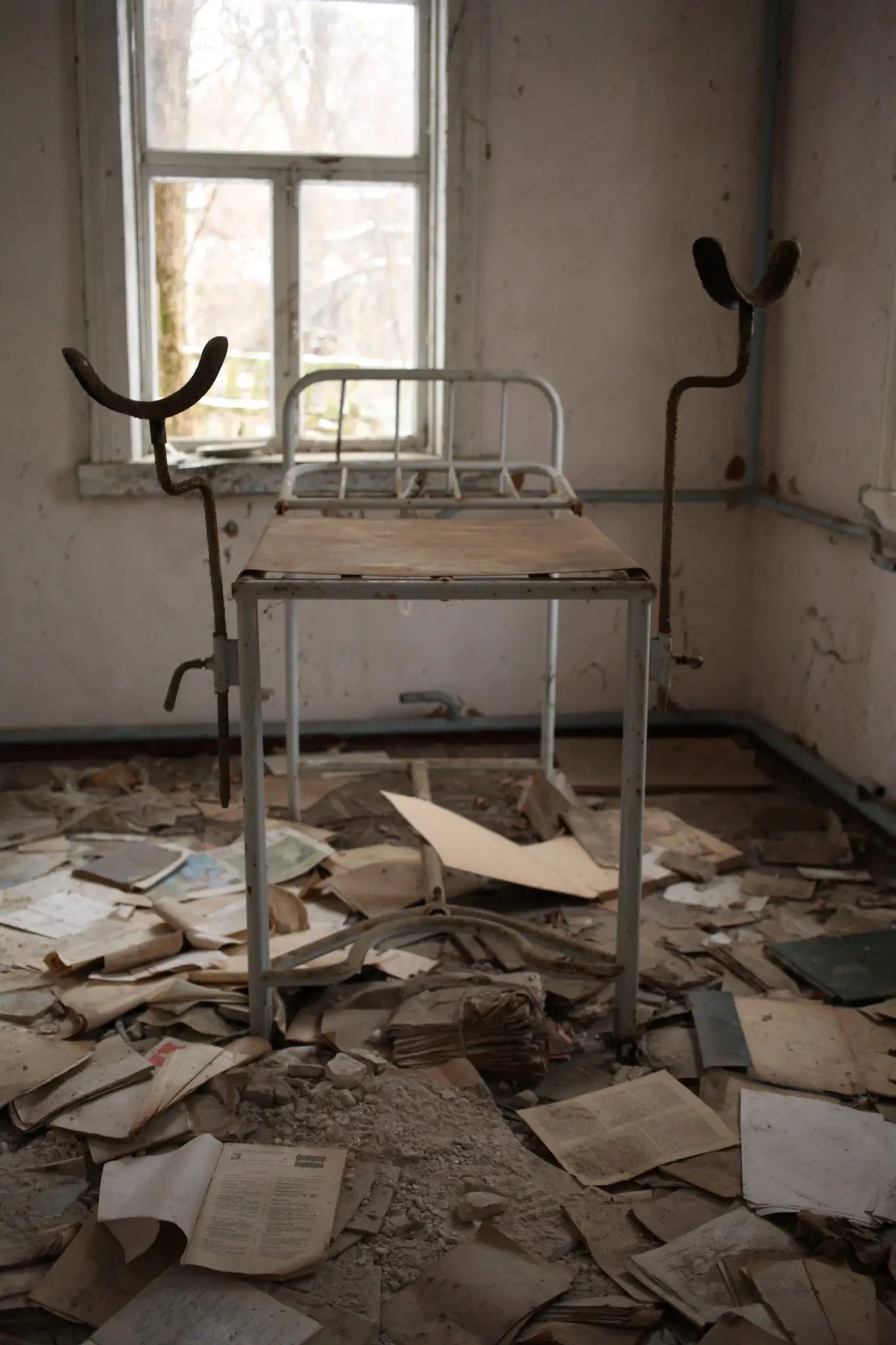Chair with stirrups in old hospital in Zalissya