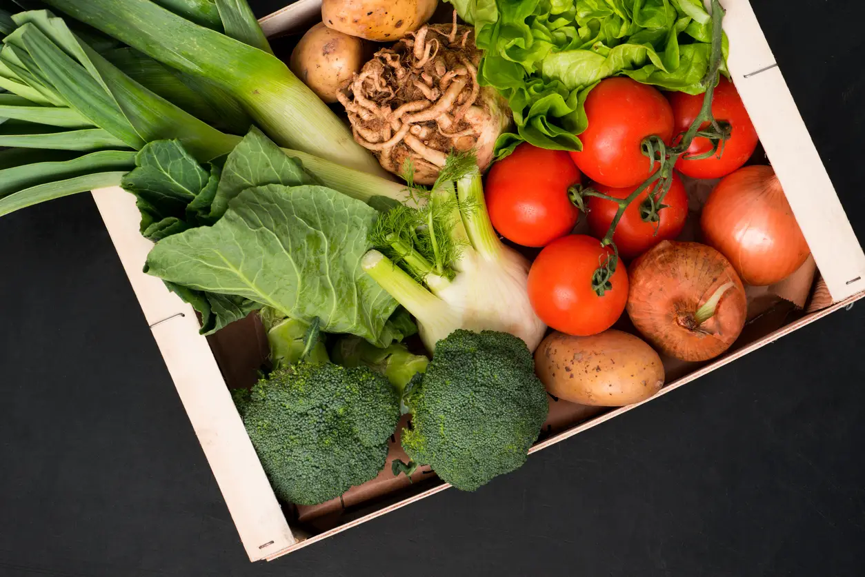 Assorted fresh vegetables in a box