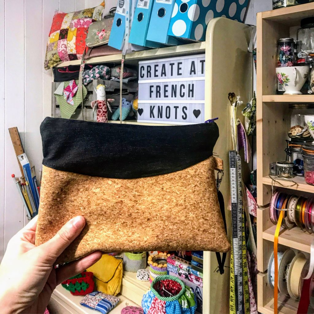 Finished cork and denim pouch at French Knots craft studio