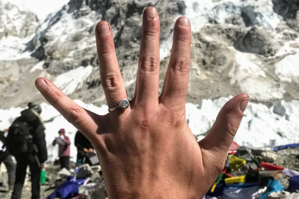 Wearing my ethical engagement ring at Everest Base Camp in Nepal