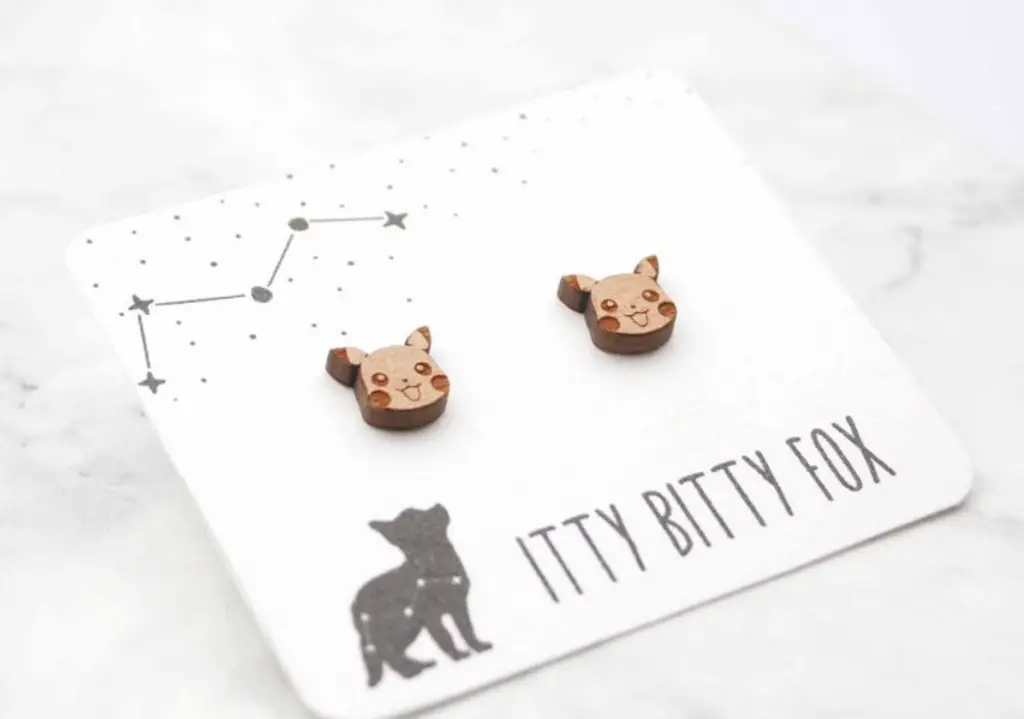 Wooden pikachu earrings by Itty Bitty Fox, Etsy