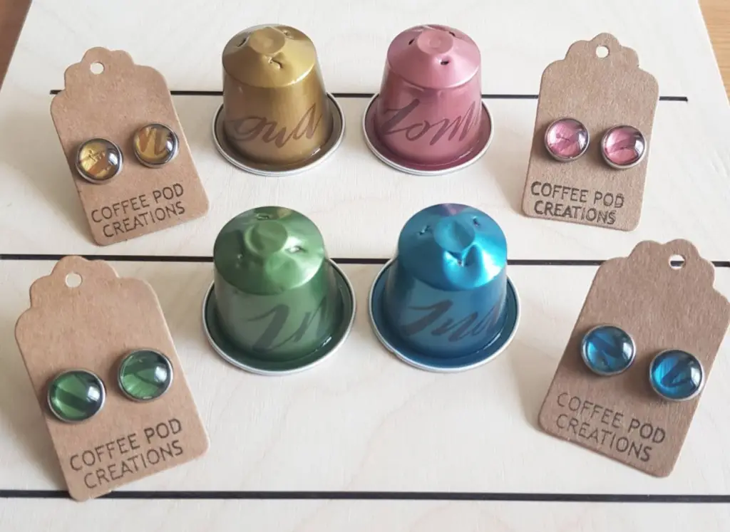 Upcycled stud earrings by Coffee Pod Creations, Etsy