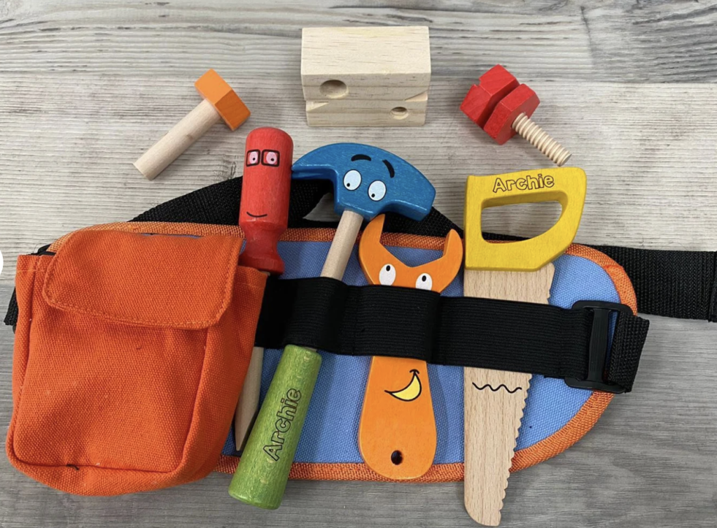 Personalised wooden multicoloured tool belt, RavenSkullMagic, Etsy